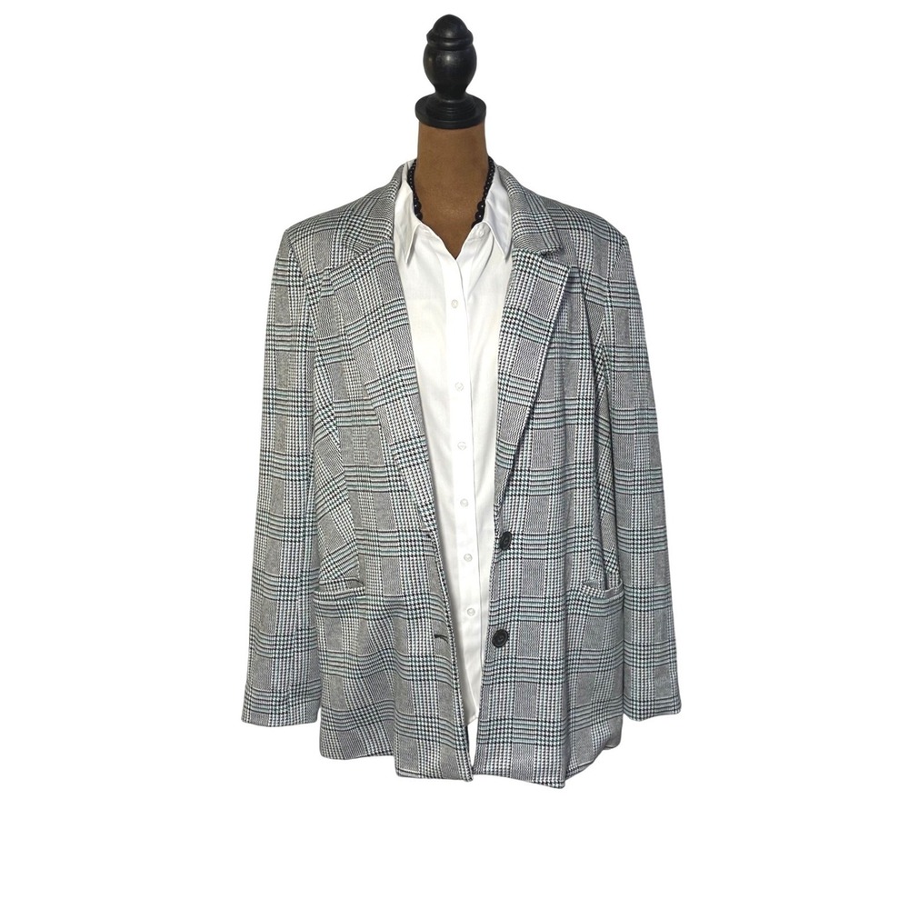 Page One Womens Glen Plaid Blazer Grey Green Black Two Button Jacket Size 12 NEW